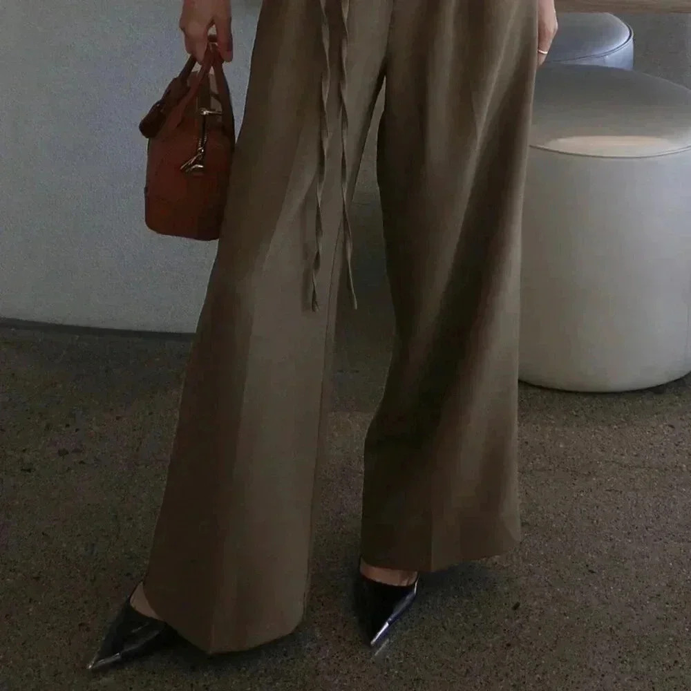 Brown Elegant Women's Loose Wide Leg Tie Pants - Picture 7 of 9